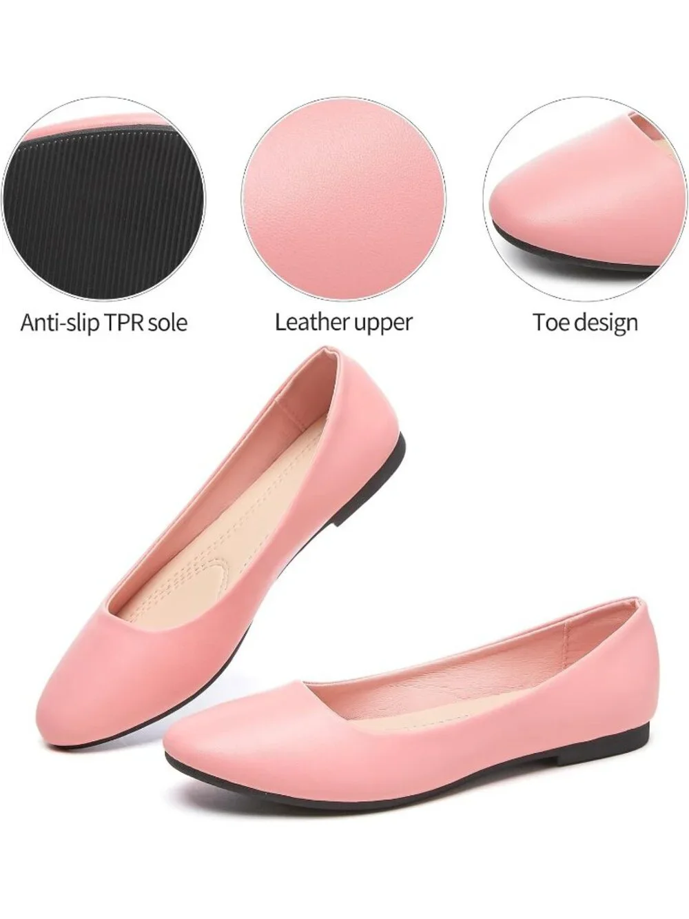 Women's Peach PU Leather Closed Toe Comfortable Flexible Slip On Ballet Flats